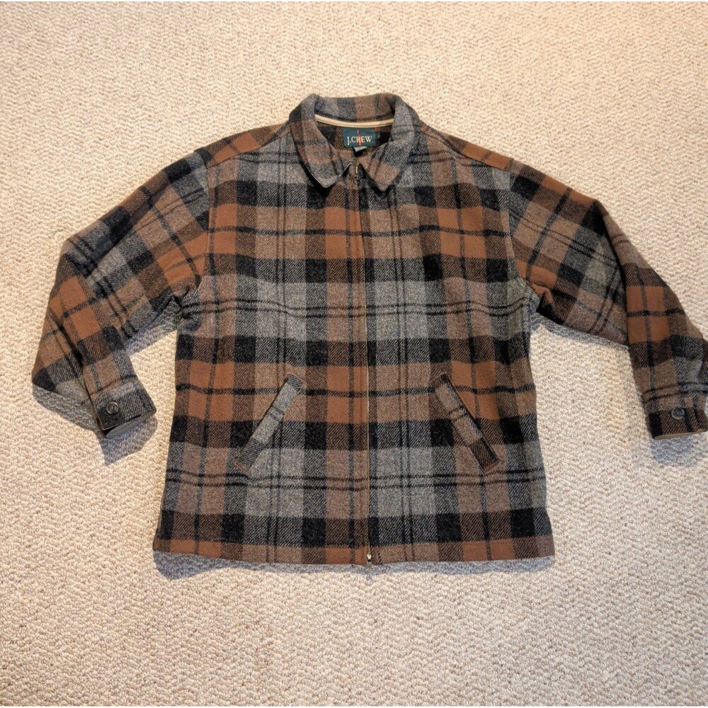 Vintage J Crew Wool Blend Plaid Jacket Mens L Brown Gray Full Zip Outdoor